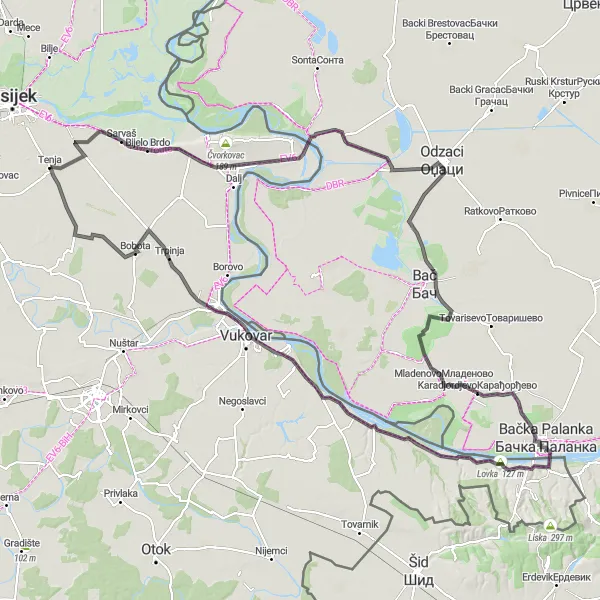 Map miniature of "Tenja to Bobota Loop" cycling inspiration in Panonska Hrvatska, Croatia. Generated by Tarmacs.app cycling route planner