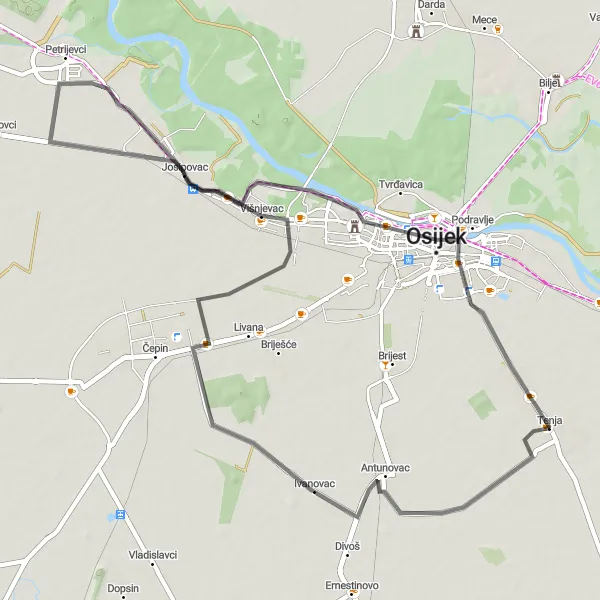 Map miniature of "Tenja Round Trip" cycling inspiration in Panonska Hrvatska, Croatia. Generated by Tarmacs.app cycling route planner