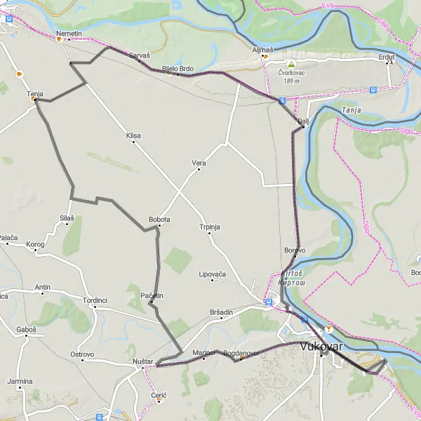 Map miniature of "Tenja to Ćelije Loop" cycling inspiration in Panonska Hrvatska, Croatia. Generated by Tarmacs.app cycling route planner