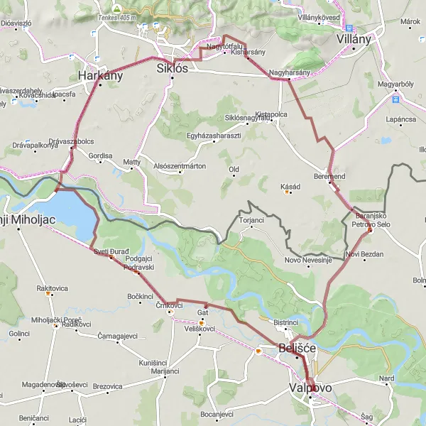 Map miniature of "Harkány Gravel Adventure" cycling inspiration in Panonska Hrvatska, Croatia. Generated by Tarmacs.app cycling route planner