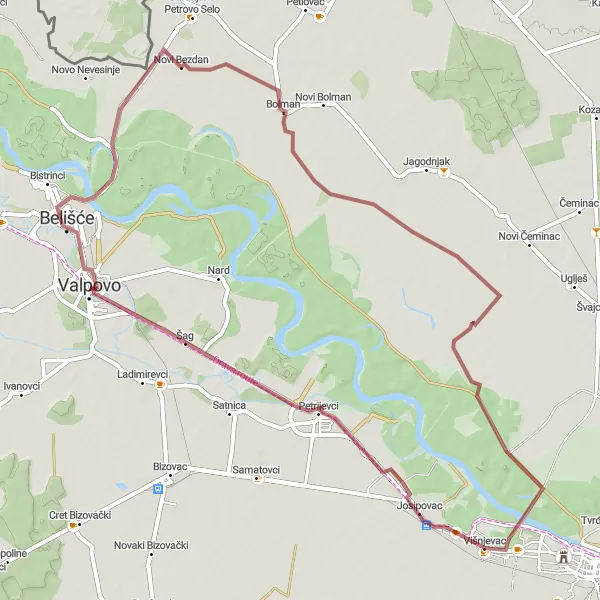 Map miniature of "Off-Road Adventure: Novi Bezdan Loop" cycling inspiration in Panonska Hrvatska, Croatia. Generated by Tarmacs.app cycling route planner