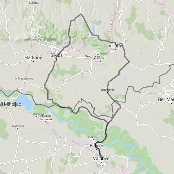 Map miniature of "Valpovo and Siklós Castle Loop" cycling inspiration in Panonska Hrvatska, Croatia. Generated by Tarmacs.app cycling route planner