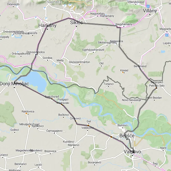 Map miniature of "Valpovo and Sveti Đurađ Loop" cycling inspiration in Panonska Hrvatska, Croatia. Generated by Tarmacs.app cycling route planner