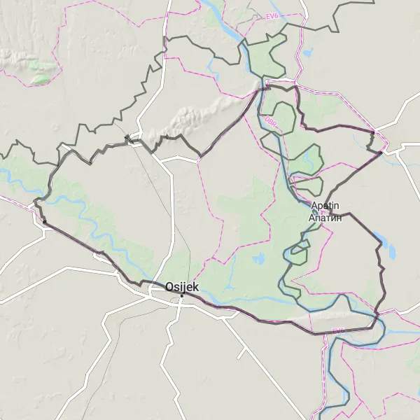 Map miniature of "Panoramic Route to Bijelo Brdo" cycling inspiration in Panonska Hrvatska, Croatia. Generated by Tarmacs.app cycling route planner