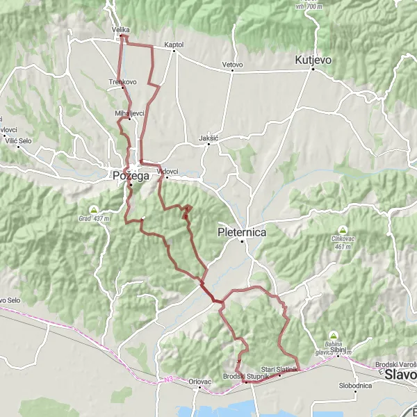 Map miniature of "Scenic Gravel Tour around Velika" cycling inspiration in Panonska Hrvatska, Croatia. Generated by Tarmacs.app cycling route planner