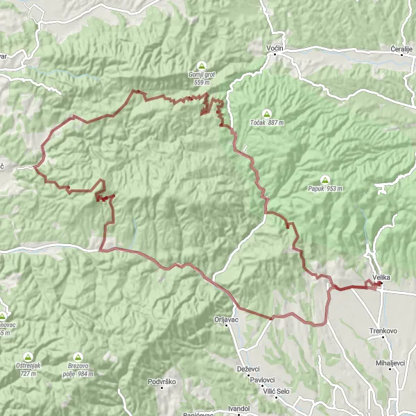 Map miniature of "Epic Gravel Ride to Janino bilo" cycling inspiration in Panonska Hrvatska, Croatia. Generated by Tarmacs.app cycling route planner