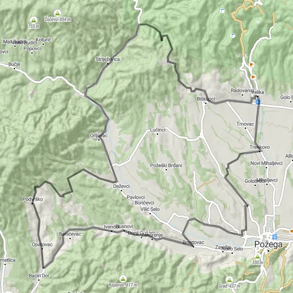 Map miniature of "Road Cycling Adventure to Podvrško" cycling inspiration in Panonska Hrvatska, Croatia. Generated by Tarmacs.app cycling route planner