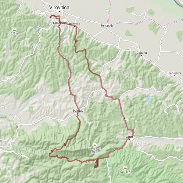 Map miniature of "Virovitica - Gladimirovac Extended Gravel Route" cycling inspiration in Panonska Hrvatska, Croatia. Generated by Tarmacs.app cycling route planner