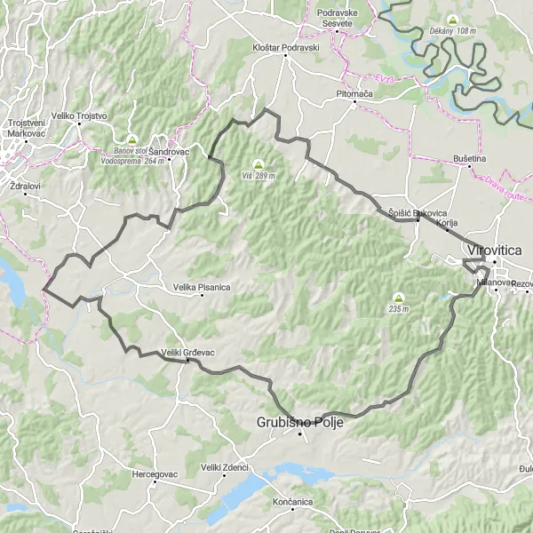 Map miniature of "Virovitica - Kozarevac Road Adventure" cycling inspiration in Panonska Hrvatska, Croatia. Generated by Tarmacs.app cycling route planner