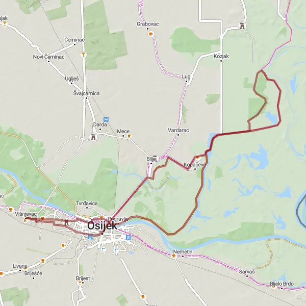 Map miniature of "Gravel Adventure: Višnjevac Loop" cycling inspiration in Panonska Hrvatska, Croatia. Generated by Tarmacs.app cycling route planner