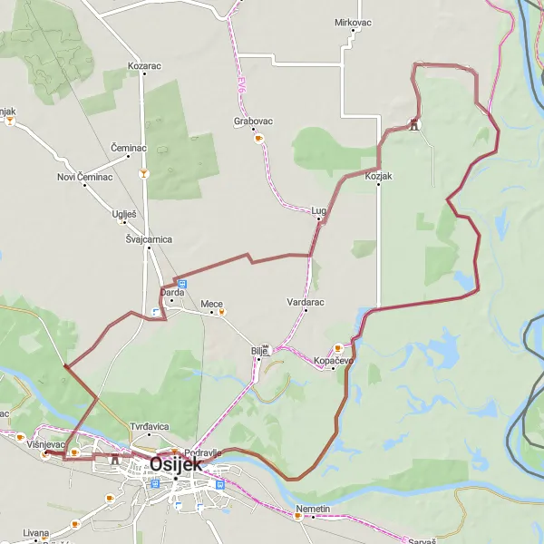 Map miniature of "Croatian Countryside Gravel Adventure" cycling inspiration in Panonska Hrvatska, Croatia. Generated by Tarmacs.app cycling route planner