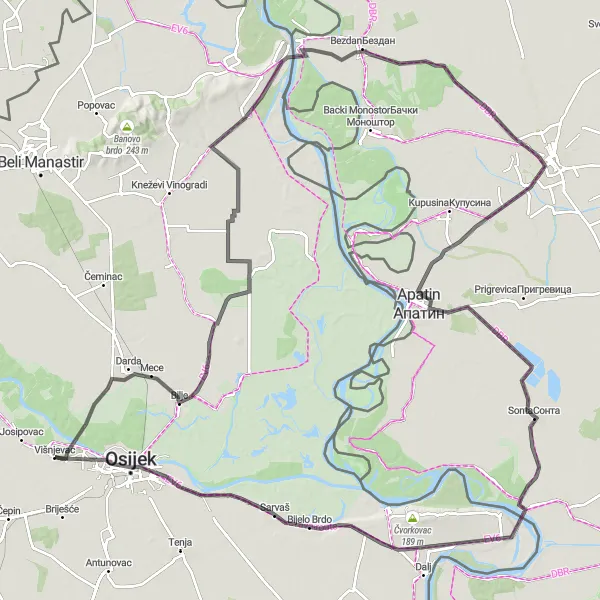 Map miniature of "The Bilje and Sombor Adventure" cycling inspiration in Panonska Hrvatska, Croatia. Generated by Tarmacs.app cycling route planner