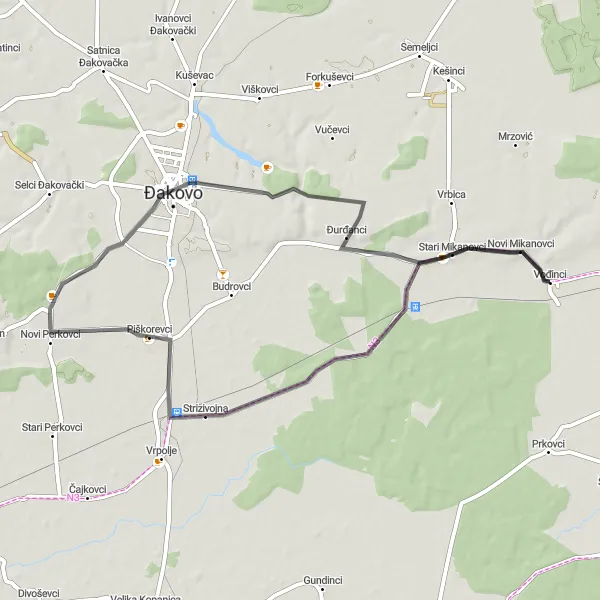 Map miniature of "Vođinci to Đakovo Road Cycling Route" cycling inspiration in Panonska Hrvatska, Croatia. Generated by Tarmacs.app cycling route planner