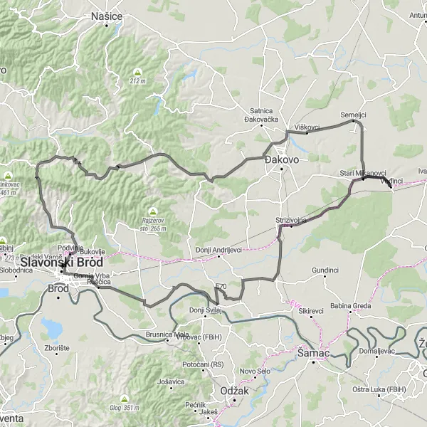 Map miniature of "The Hillside Adventure" cycling inspiration in Panonska Hrvatska, Croatia. Generated by Tarmacs.app cycling route planner
