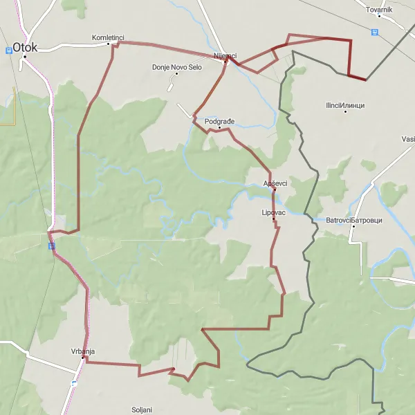 Map miniature of "Gravel Adventure near Vrbanja" cycling inspiration in Panonska Hrvatska, Croatia. Generated by Tarmacs.app cycling route planner