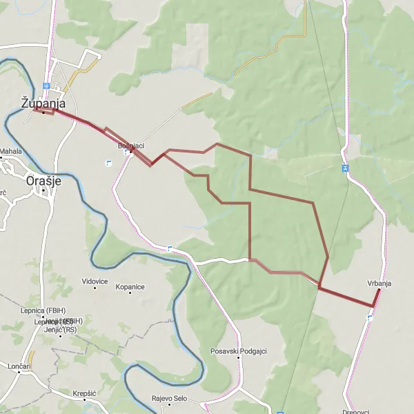 Map miniature of "Gravel Loop from Vrbanja" cycling inspiration in Panonska Hrvatska, Croatia. Generated by Tarmacs.app cycling route planner