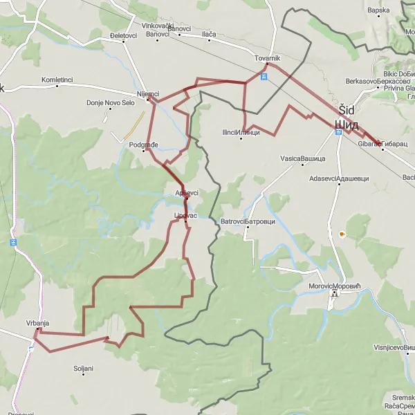 Map miniature of "Gravel Adventure near Vrbanja" cycling inspiration in Panonska Hrvatska, Croatia. Generated by Tarmacs.app cycling route planner