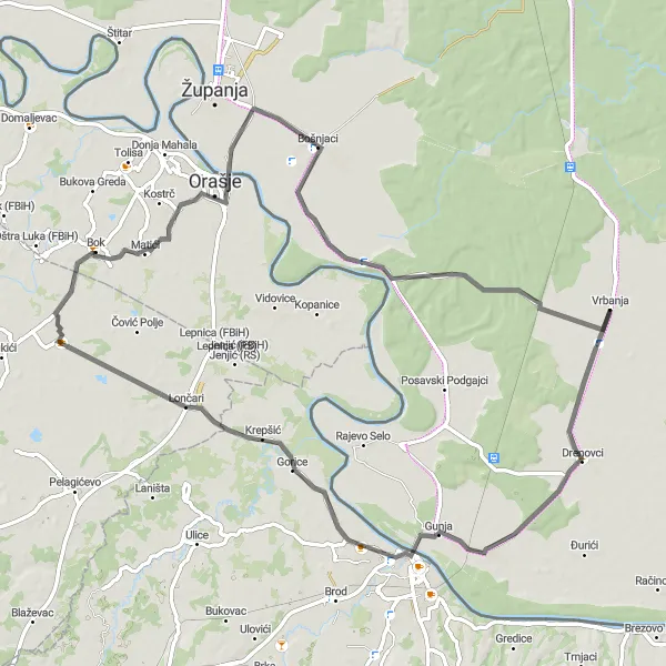 Map miniature of "Scenic Road Cycling Loop near Vrbanja" cycling inspiration in Panonska Hrvatska, Croatia. Generated by Tarmacs.app cycling route planner