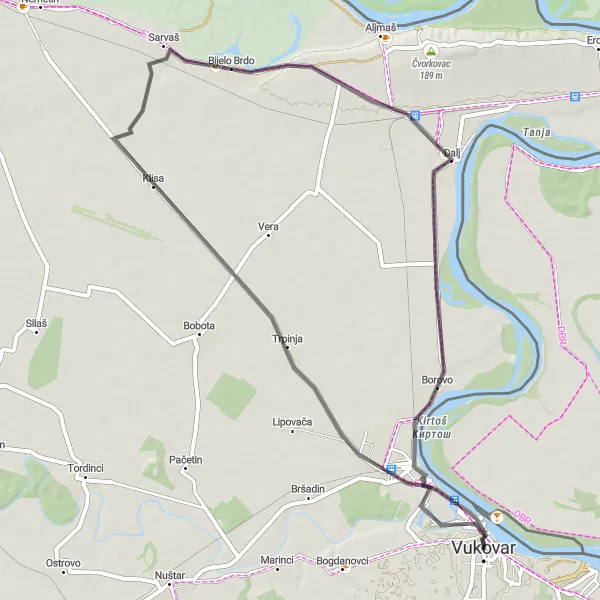 Map miniature of "Explore the Countryside" cycling inspiration in Panonska Hrvatska, Croatia. Generated by Tarmacs.app cycling route planner