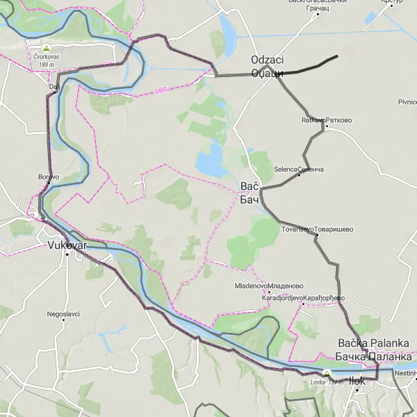 Map miniature of "Historical Heritage Trail" cycling inspiration in Panonska Hrvatska, Croatia. Generated by Tarmacs.app cycling route planner