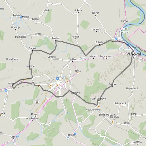 Map miniature of "Vukovar Loop" cycling inspiration in Panonska Hrvatska, Croatia. Generated by Tarmacs.app cycling route planner