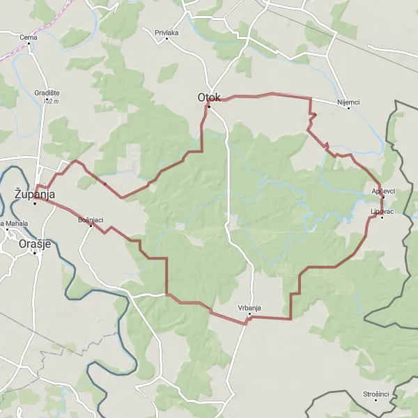 Map miniature of "The Gravel Discovery" cycling inspiration in Panonska Hrvatska, Croatia. Generated by Tarmacs.app cycling route planner