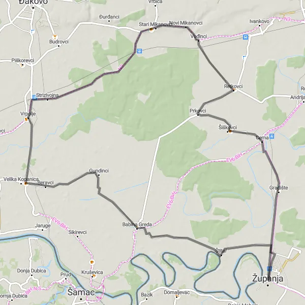 Map miniature of "From Županja to Babina Greda" cycling inspiration in Panonska Hrvatska, Croatia. Generated by Tarmacs.app cycling route planner