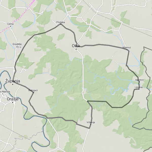 Map miniature of "The Hills of Panonska Hrvatska" cycling inspiration in Panonska Hrvatska, Croatia. Generated by Tarmacs.app cycling route planner