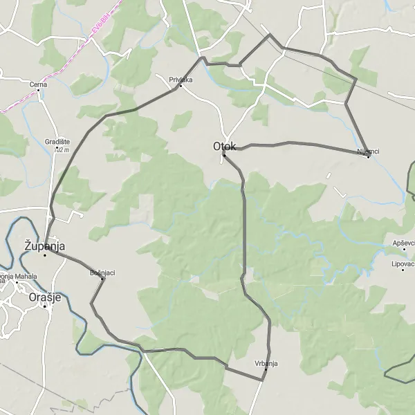 Map miniature of "The Road Escape" cycling inspiration in Panonska Hrvatska, Croatia. Generated by Tarmacs.app cycling route planner