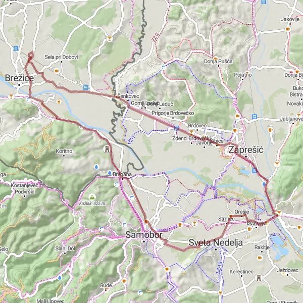 Map miniature of "Bregana Gravel Adventure" cycling inspiration in Sjeverna Hrvatska, Croatia. Generated by Tarmacs.app cycling route planner