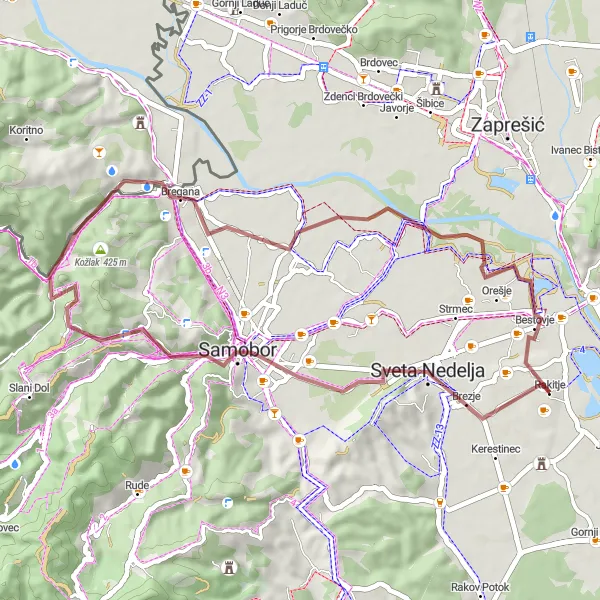 Map miniature of "Bestovje-Kozjak brdo Gravel Exploration" cycling inspiration in Sjeverna Hrvatska, Croatia. Generated by Tarmacs.app cycling route planner
