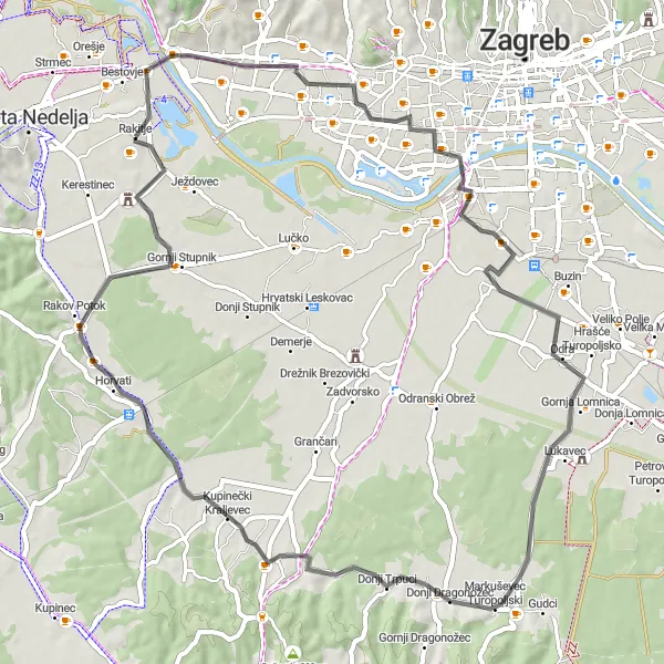 Map miniature of "Bestovje Road Circuit" cycling inspiration in Sjeverna Hrvatska, Croatia. Generated by Tarmacs.app cycling route planner