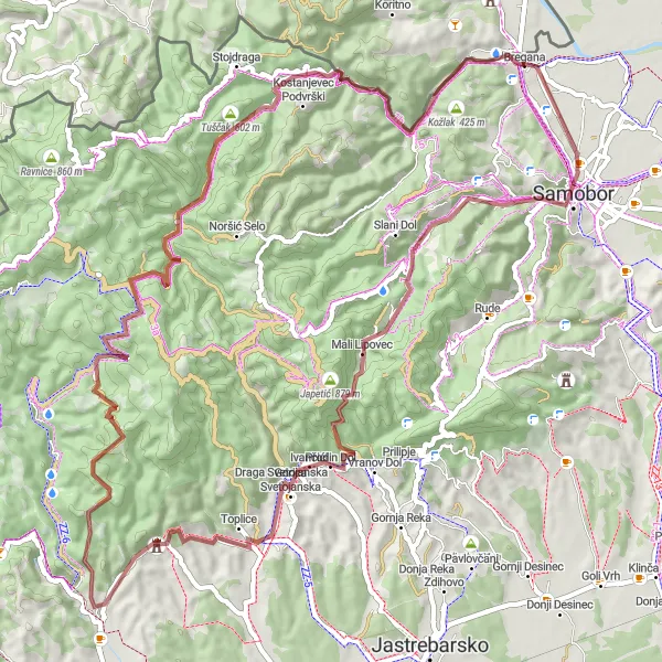 Map miniature of "Bregana - Velika Vrata Loop (Gravel)" cycling inspiration in Sjeverna Hrvatska, Croatia. Generated by Tarmacs.app cycling route planner