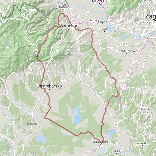 Map miniature of "Off-Road Adventure in North Croatia" cycling inspiration in Sjeverna Hrvatska, Croatia. Generated by Tarmacs.app cycling route planner