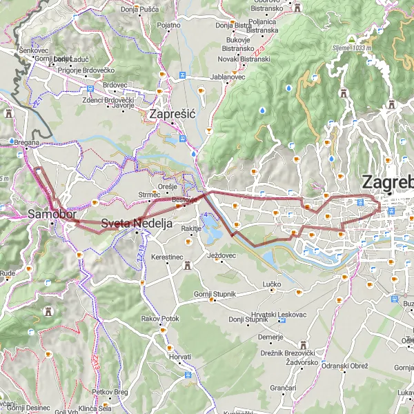 Map miniature of "Gravel Adventure near Bregana" cycling inspiration in Sjeverna Hrvatska, Croatia. Generated by Tarmacs.app cycling route planner