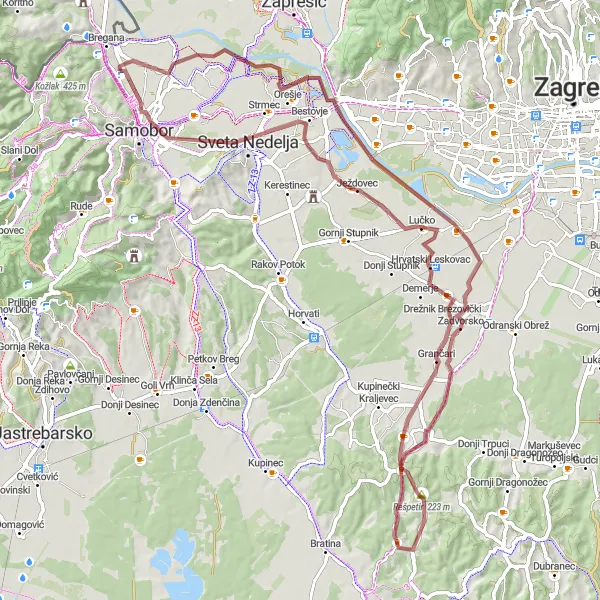 Map miniature of "The Scenic Gravel Route" cycling inspiration in Sjeverna Hrvatska, Croatia. Generated by Tarmacs.app cycling route planner