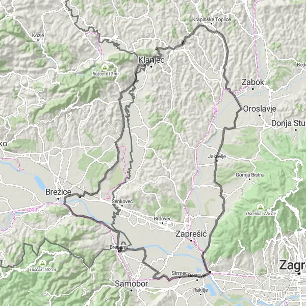 Map miniature of "Bregana - Šentviška gora Loop" cycling inspiration in Sjeverna Hrvatska, Croatia. Generated by Tarmacs.app cycling route planner