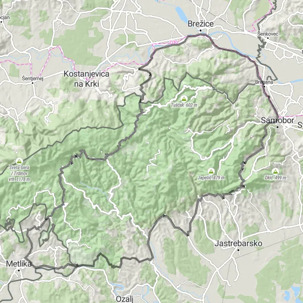 Map miniature of "Challenging Road Cycling Route in North Croatia" cycling inspiration in Sjeverna Hrvatska, Croatia. Generated by Tarmacs.app cycling route planner