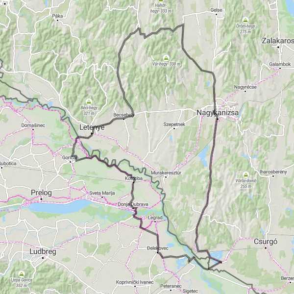 Map miniature of "Croatian Border Loop" cycling inspiration in Sjeverna Hrvatska, Croatia. Generated by Tarmacs.app cycling route planner