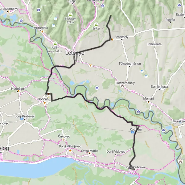 Map miniature of "Mura River Ride" cycling inspiration in Sjeverna Hrvatska, Croatia. Generated by Tarmacs.app cycling route planner