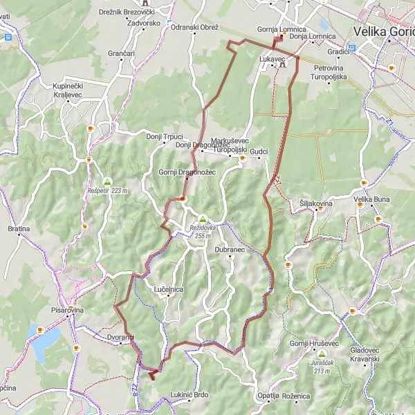 Map miniature of "Dvorac Lukavec-Kostanjevec-Trsišće-Čukovo Round-Trip" cycling inspiration in Sjeverna Hrvatska, Croatia. Generated by Tarmacs.app cycling route planner