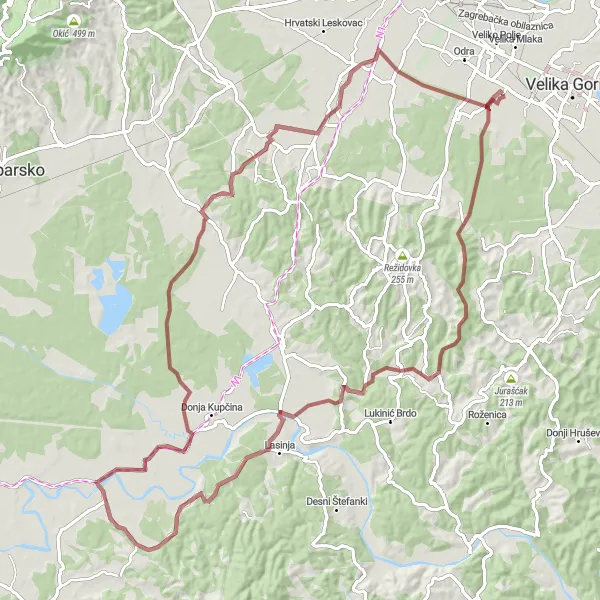 Map miniature of "Kostanjevec-Gradec Pokupski-Šišljavić-Zadvorsko-Dvorac Lukavec Round-Trip" cycling inspiration in Sjeverna Hrvatska, Croatia. Generated by Tarmacs.app cycling route planner