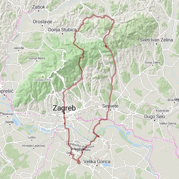 Map miniature of "Donja Lomnica Gravel Adventure" cycling inspiration in Sjeverna Hrvatska, Croatia. Generated by Tarmacs.app cycling route planner
