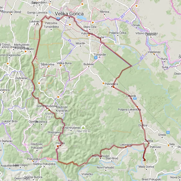 Map miniature of "Lekenik-Letovanić-Mijalinov brijeg-Kalište-Kostanjevec-Dvorac Lukavec Round-Trip" cycling inspiration in Sjeverna Hrvatska, Croatia. Generated by Tarmacs.app cycling route planner