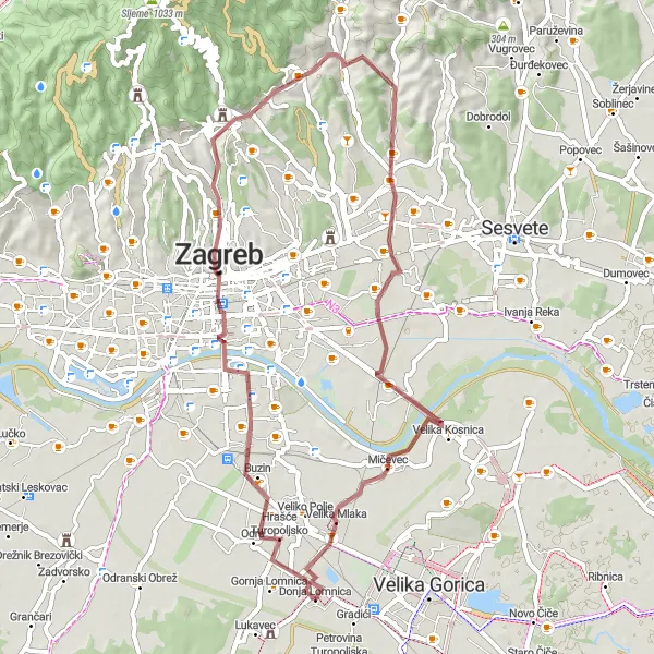 Map miniature of "Donja Lomnica Gravel Discovery" cycling inspiration in Sjeverna Hrvatska, Croatia. Generated by Tarmacs.app cycling route planner