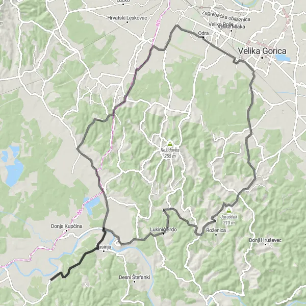 Map miniature of "Glože-Pisarovina-Brijeg Round-Trip" cycling inspiration in Sjeverna Hrvatska, Croatia. Generated by Tarmacs.app cycling route planner