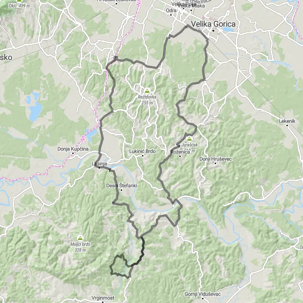 Map miniature of "Rasteg-Jaguštović-Visoko brdo-Lubarda-Lasinja-Rešpetir-Lukavec Round-Trip" cycling inspiration in Sjeverna Hrvatska, Croatia. Generated by Tarmacs.app cycling route planner