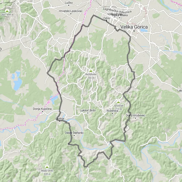 Map miniature of "Donja Lomnica Scenic Road Ride" cycling inspiration in Sjeverna Hrvatska, Croatia. Generated by Tarmacs.app cycling route planner