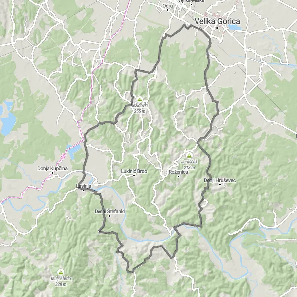 Map miniature of "Donja Lomnica Road Loop" cycling inspiration in Sjeverna Hrvatska, Croatia. Generated by Tarmacs.app cycling route planner