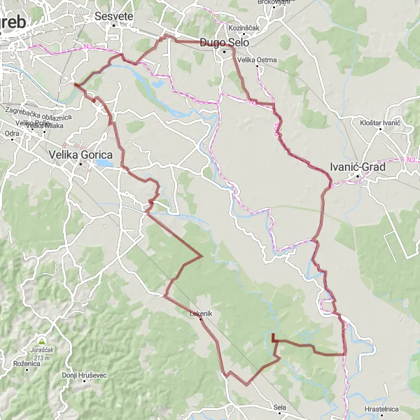 Map miniature of "Gravel Adventure in the North of Croatia" cycling inspiration in Sjeverna Hrvatska, Croatia. Generated by Tarmacs.app cycling route planner